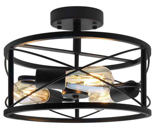 Round 3 - Light Industrial Ceiling Lantern Semi Flush Mount Black Shade - Energy Light Bulbs - Free delivery on all orders