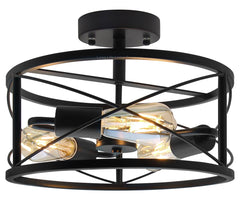 Round 3-Light Industrial Ceiling Lantern Semi Flush Mount Black Shade