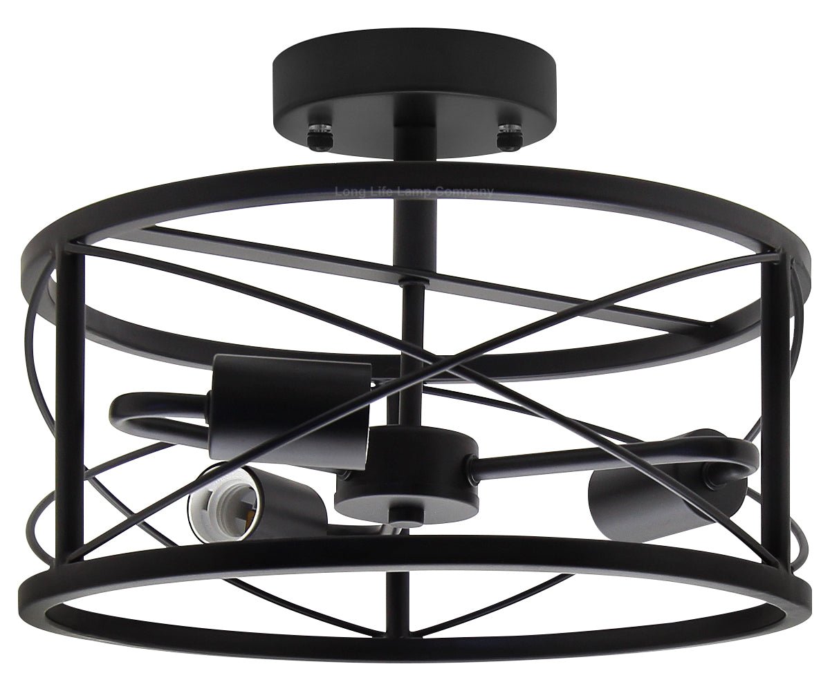 Round 3 - Light Industrial Ceiling Lantern Semi Flush Mount Black Shade - Energy Light Bulbs - Free delivery on all orders