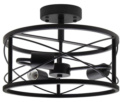 Round 3 - Light Industrial Ceiling Lantern Semi Flush Mount Black Shade - Energy Light Bulbs - Free delivery on all orders