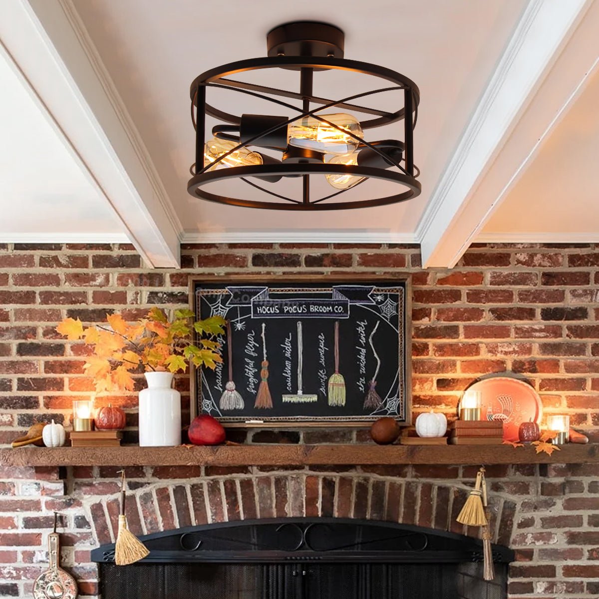 Round 3 - Light Industrial Ceiling Lantern Semi Flush Mount Black Shade - Energy Light Bulbs - Free delivery on all orders