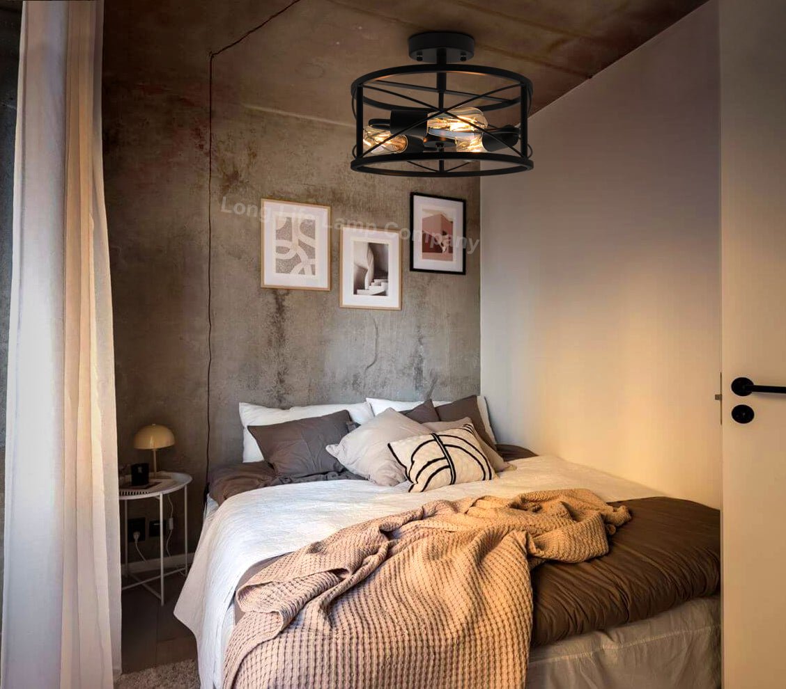 Round 3 - Light Industrial Ceiling Lantern Semi Flush Mount Black Shade - Energy Light Bulbs - Free delivery on all orders