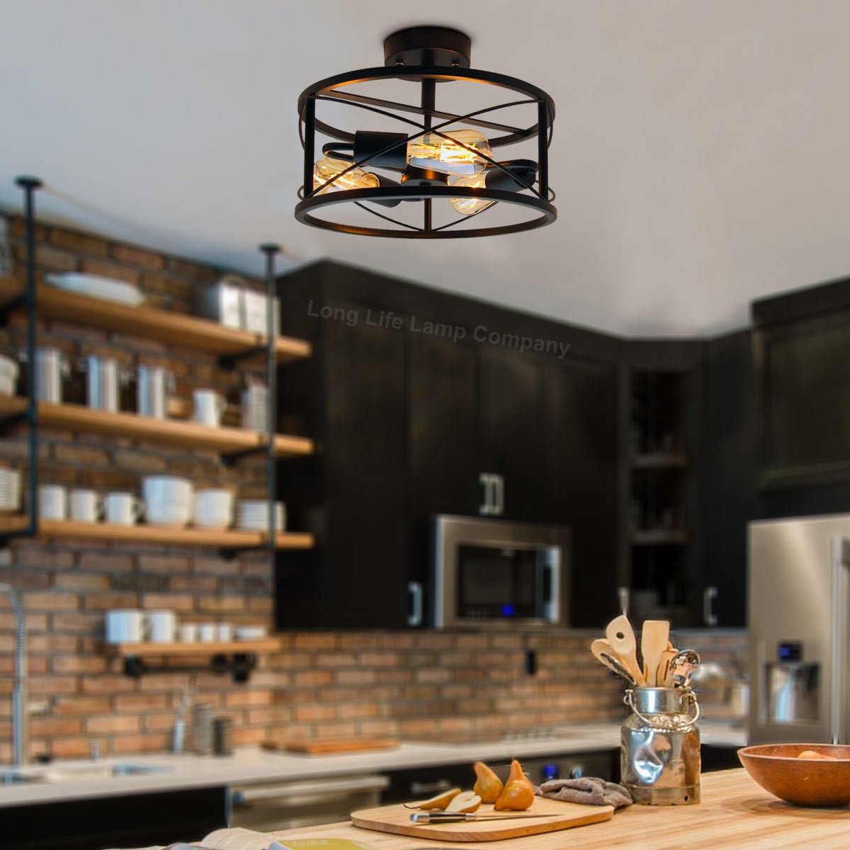 Round 3 - Light Industrial Ceiling Lantern Semi Flush Mount Black Shade - Energy Light Bulbs - Free delivery on all orders