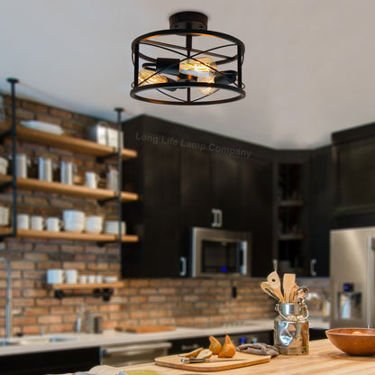 Round 3 - Light Industrial Ceiling Lantern Semi Flush Mount Black Shade - Energy Light Bulbs - Free delivery on all orders
