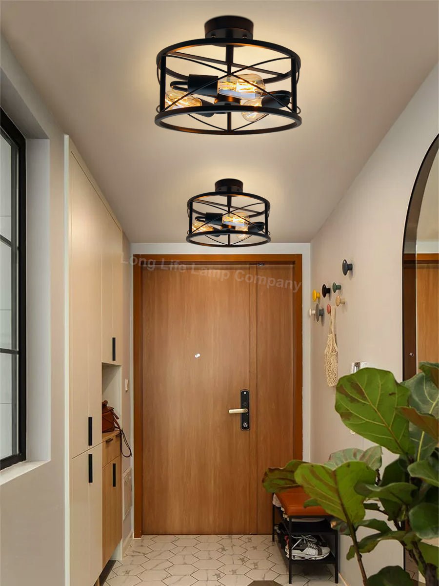 Round 3 - Light Industrial Ceiling Lantern Semi Flush Mount Black Shade - Energy Light Bulbs - Free delivery on all orders