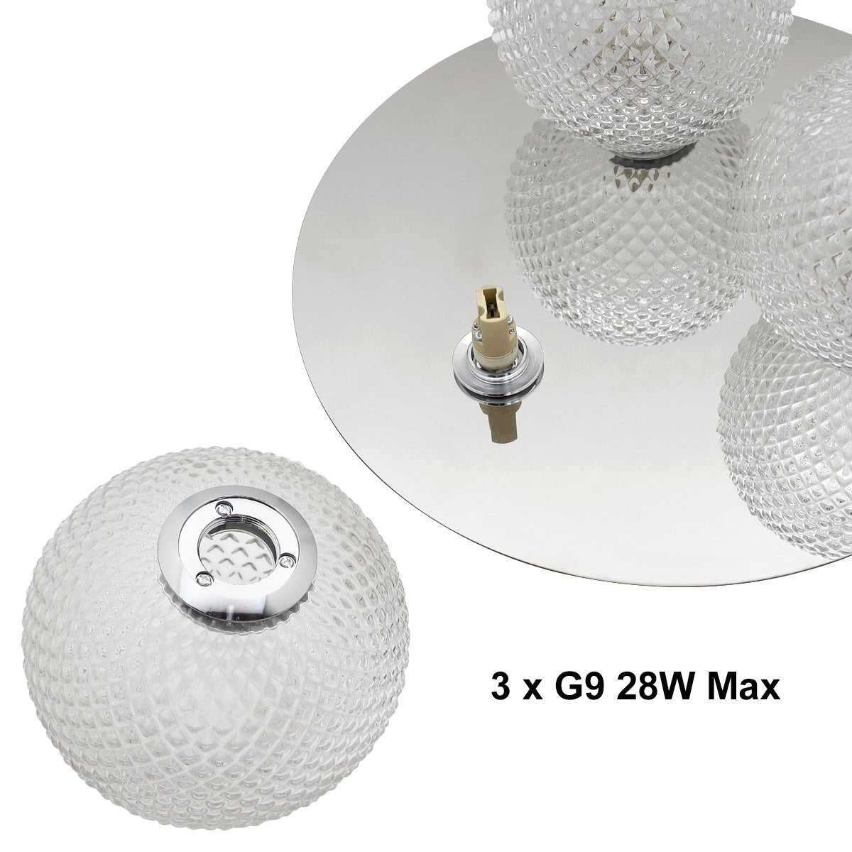 Round 3 Way Chrome Ceiling Light Frosted Pinecone Glass - Energy Light Bulbs - Free delivery on all orders