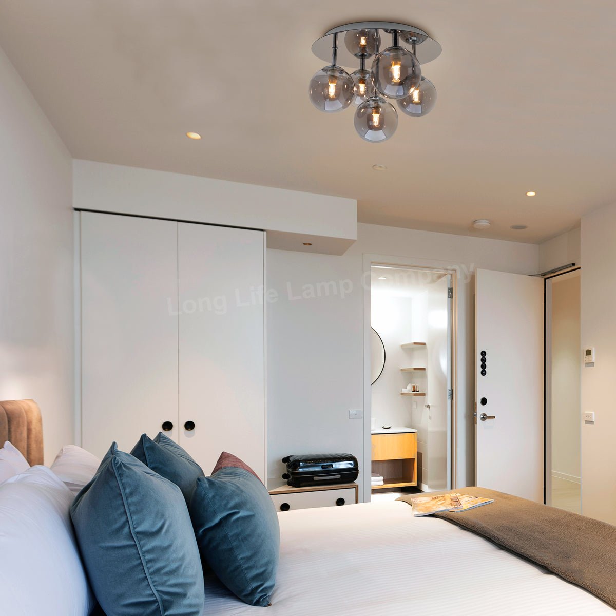 Round Chrome Ceiling Light 5 Smoked Grey Glass Globe Shades Flush Mount with G9 LED 5w Warm White - Energy Light Bulbs - Free delivery on all orders