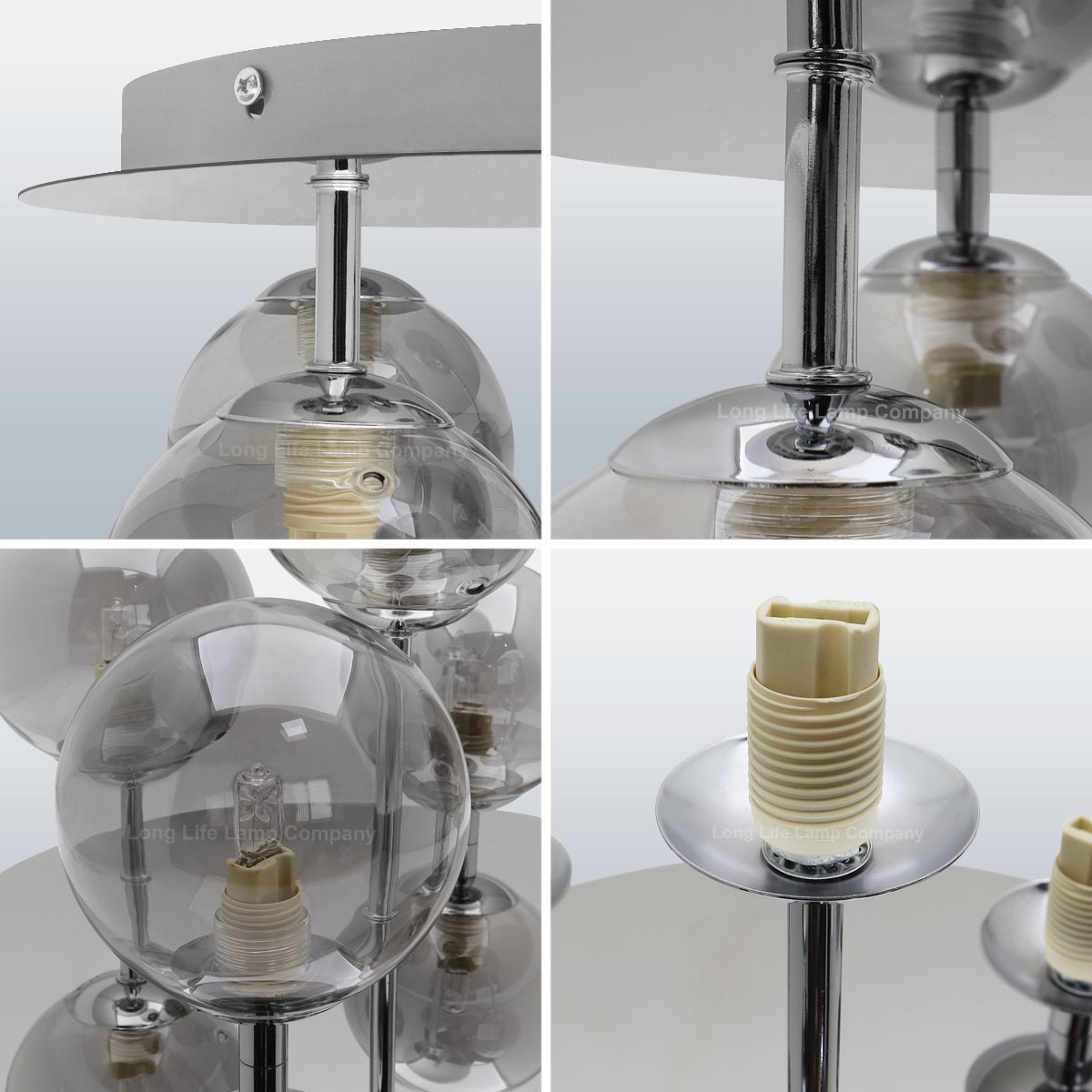Round Chrome Ceiling Light 5 Smoked Grey Glass Globe Shades Flush Mount with G9 LED 5w Warm White - Energy Light Bulbs - Free delivery on all orders