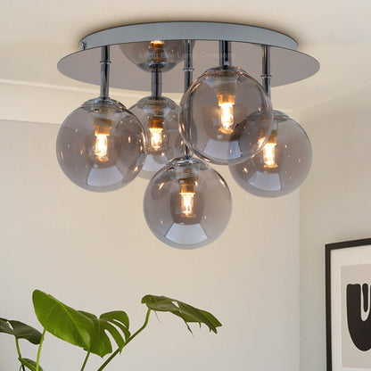 Round Chrome Ceiling Light 5 Smoked Grey Glass Globe Shades Flush Mount with G9 LED 5w Warm White - Energy Light Bulbs - Free delivery on all orders