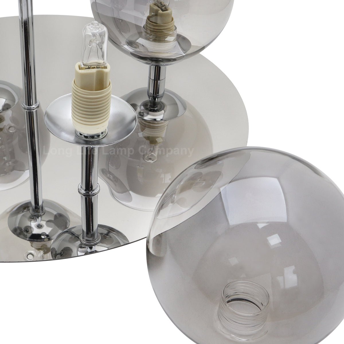 Round Chrome Ceiling Light 5 Smoked Grey Glass Globe Shades Flush Mount with G9 LED 5w Warm White - Energy Light Bulbs - Free delivery on all orders