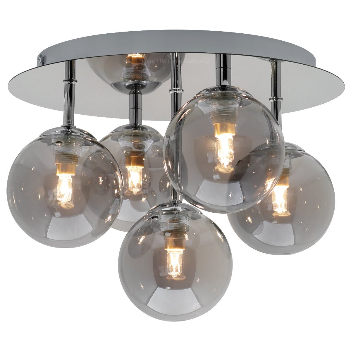 Round Chrome Ceiling Light 5 Smoked Grey Glass Globe Shades Flush Mount with G9 LED 5w Warm White - Energy Light Bulbs - Free delivery on all orders