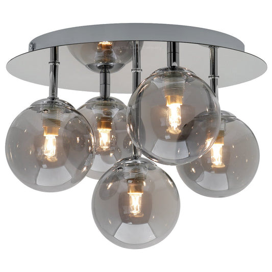 Round Chrome Ceiling Light 5 Smoked Grey Glass Globe Shades Flush Mount with G9 LED 5w Warm White - Energy Light Bulbs - Free delivery on all orders