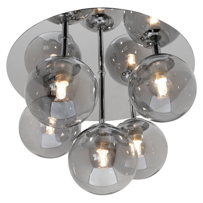 Round Chrome Ceiling Light 5 Smoked Grey Glass Globe Shades Flush Mount with G9 LED 5w Warm White - Energy Light Bulbs - Free delivery on all orders