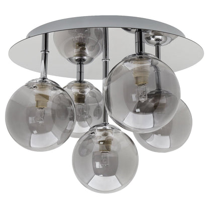 Round Chrome Ceiling Light 5 Smoked Grey Glass Globe Shades Flush Mount with G9 LED 5w Warm White - Energy Light Bulbs - Free delivery on all orders