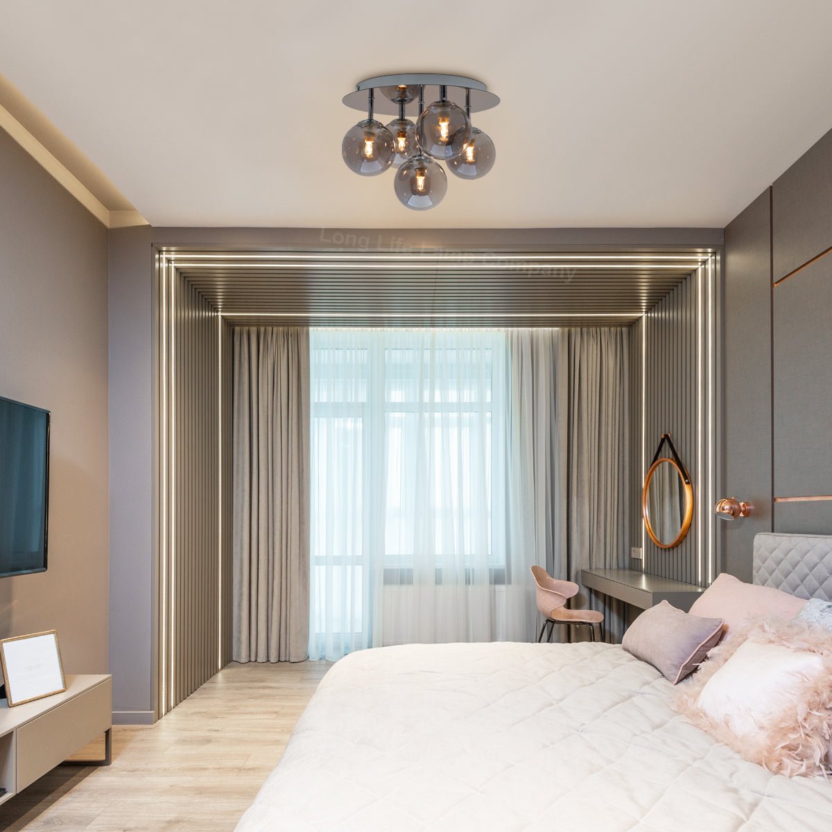 Round Chrome Ceiling Light 5 Smoked Grey Glass Globe Shades Flush Mount with G9 LED 5w Warm White - Energy Light Bulbs - Free delivery on all orders