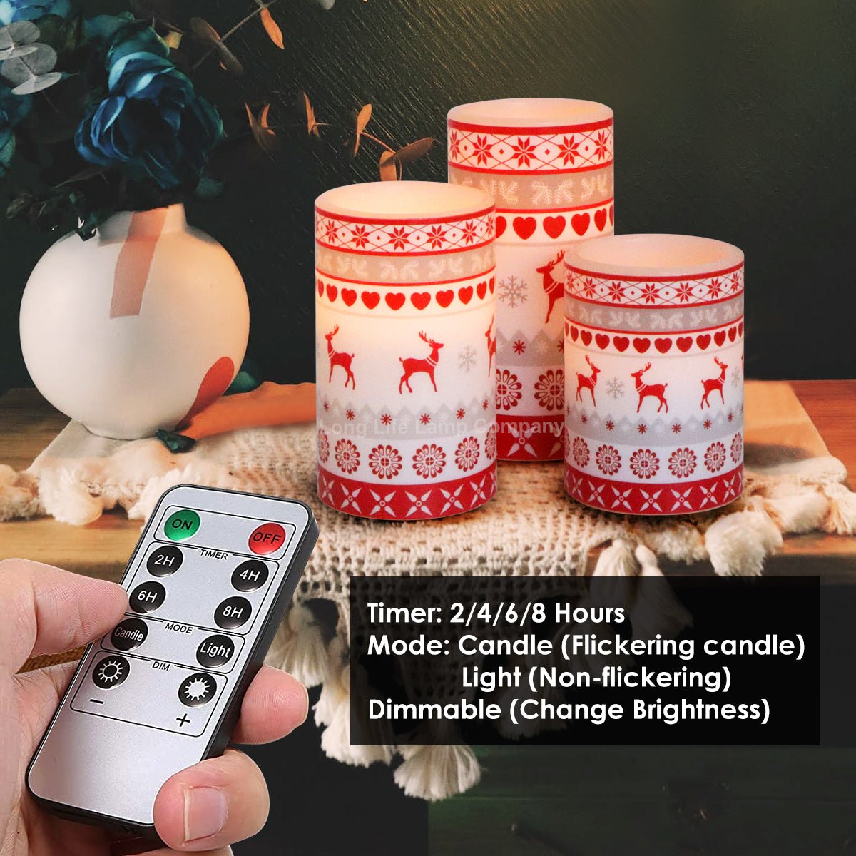Set Of 3 USB Rechargeable LED Wax Christmas Reindeer Flameless Candles With Remote Control - Energy Light Bulbs - Free delivery on all orders