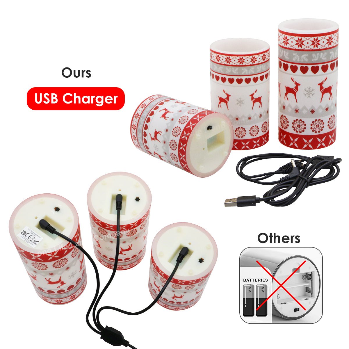 Set Of 3 USB Rechargeable LED Wax Christmas Reindeer Flameless Candles With Remote Control - Energy Light Bulbs - Free delivery on all orders
