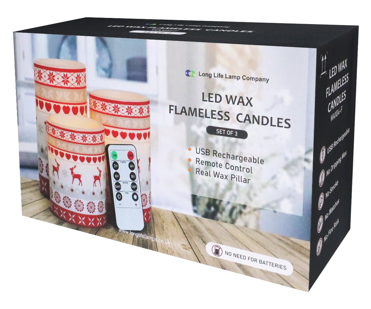Set Of 3 USB Rechargeable LED Wax Christmas Reindeer Flameless Candles With Remote Control - Energy Light Bulbs - Free delivery on all orders
