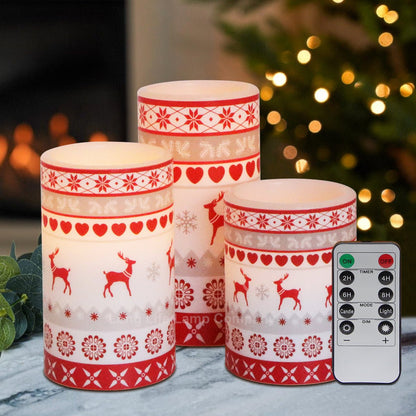 Set Of 3 USB Rechargeable LED Wax Christmas Reindeer Flameless Candles With Remote Control - Energy Light Bulbs - Free delivery on all orders