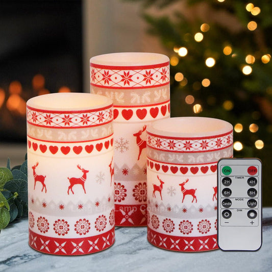 Set Of 3 USB Rechargeable LED Wax Christmas Reindeer Flameless Candles With Remote Control - Energy Light Bulbs - Free delivery on all orders