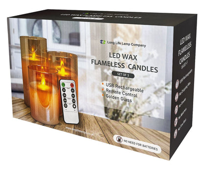 Set of 3 USB Rechargeable LED Wax Gold Glass Flameless Candles with Remote Control - Energy Light Bulbs - Free delivery on all orders