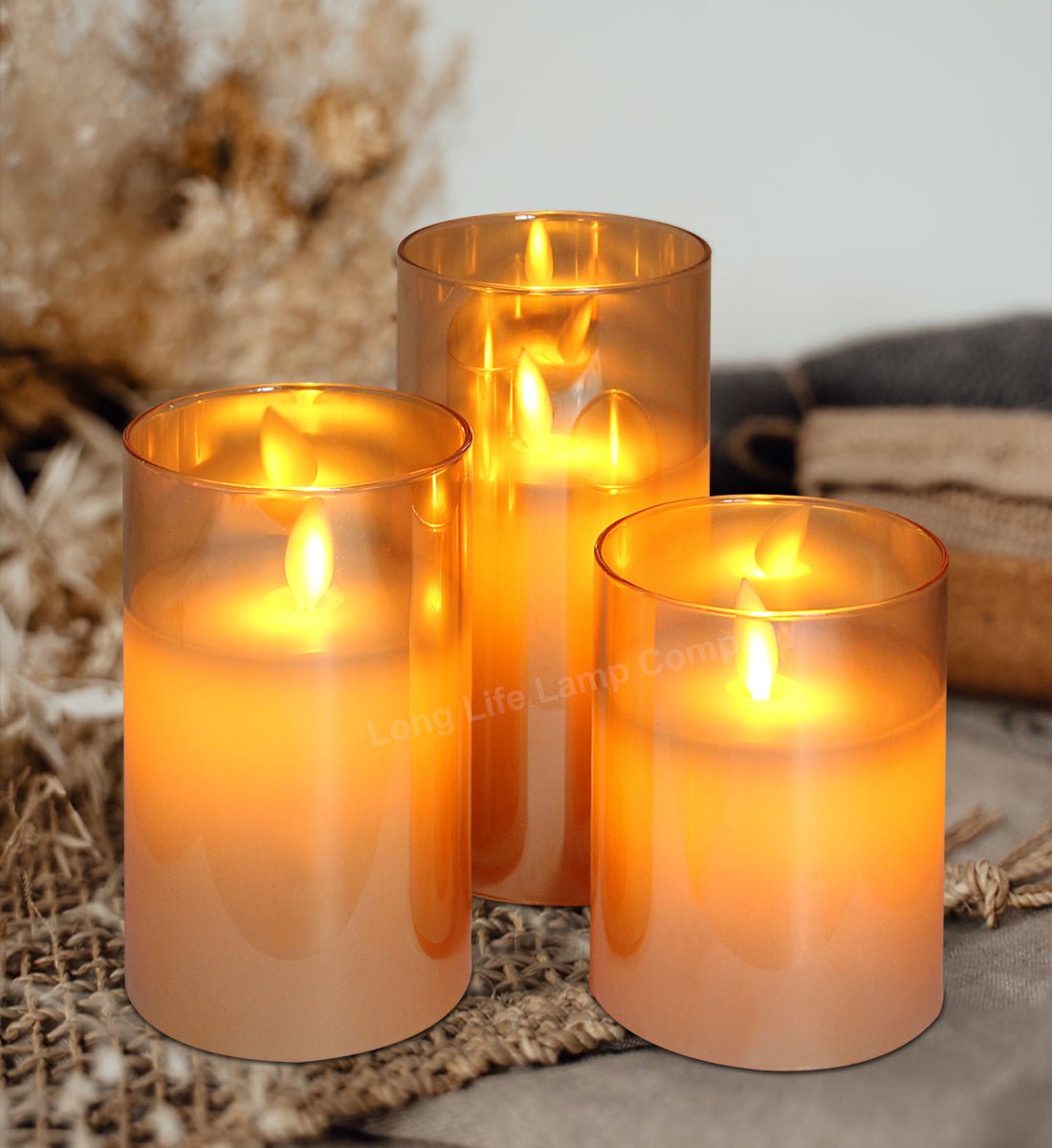 Set of 3 USB Rechargeable LED Wax Gold Glass Flameless Candles with Remote Control - Energy Light Bulbs - Free delivery on all orders