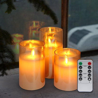 Set of 3 USB Rechargeable LED Wax Gold Glass Flameless Candles with Remote Control - Energy Light Bulbs - Free delivery on all orders