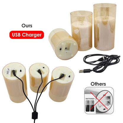 Set of 3 USB Rechargeable LED Wax Gold Glass Flameless Candles with Remote Control - Energy Light Bulbs - Free delivery on all orders
