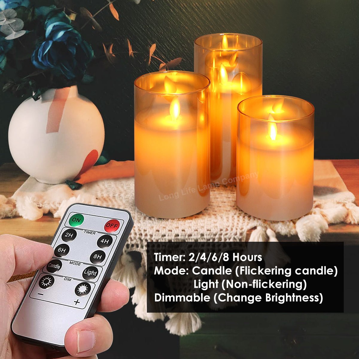 Set of 3 USB Rechargeable LED Wax Gold Glass Flameless Candles with Remote Control - Energy Light Bulbs - Free delivery on all orders