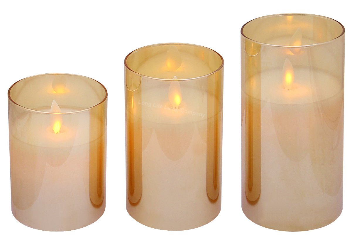 Set of 3 USB Rechargeable LED Wax Gold Glass Flameless Candles with Remote Control - Energy Light Bulbs - Free delivery on all orders