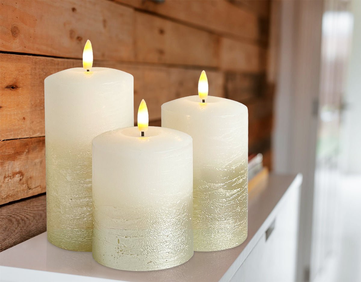 Set Of 3 USB Rechargeable LED Wax Gold Painted and White Flameless Candles With Remote Control - Energy Light Bulbs - Free delivery on all orders