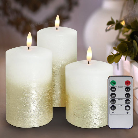 Set Of 3 USB Rechargeable LED Wax Gold Painted and White Flameless Candles With Remote Control - Energy Light Bulbs - Free delivery on all orders