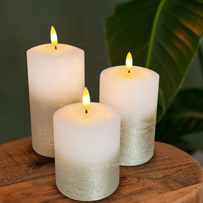 Set Of 3 USB Rechargeable LED Wax Gold Painted and White Flameless Candles With Remote Control - Energy Light Bulbs - Free delivery on all orders