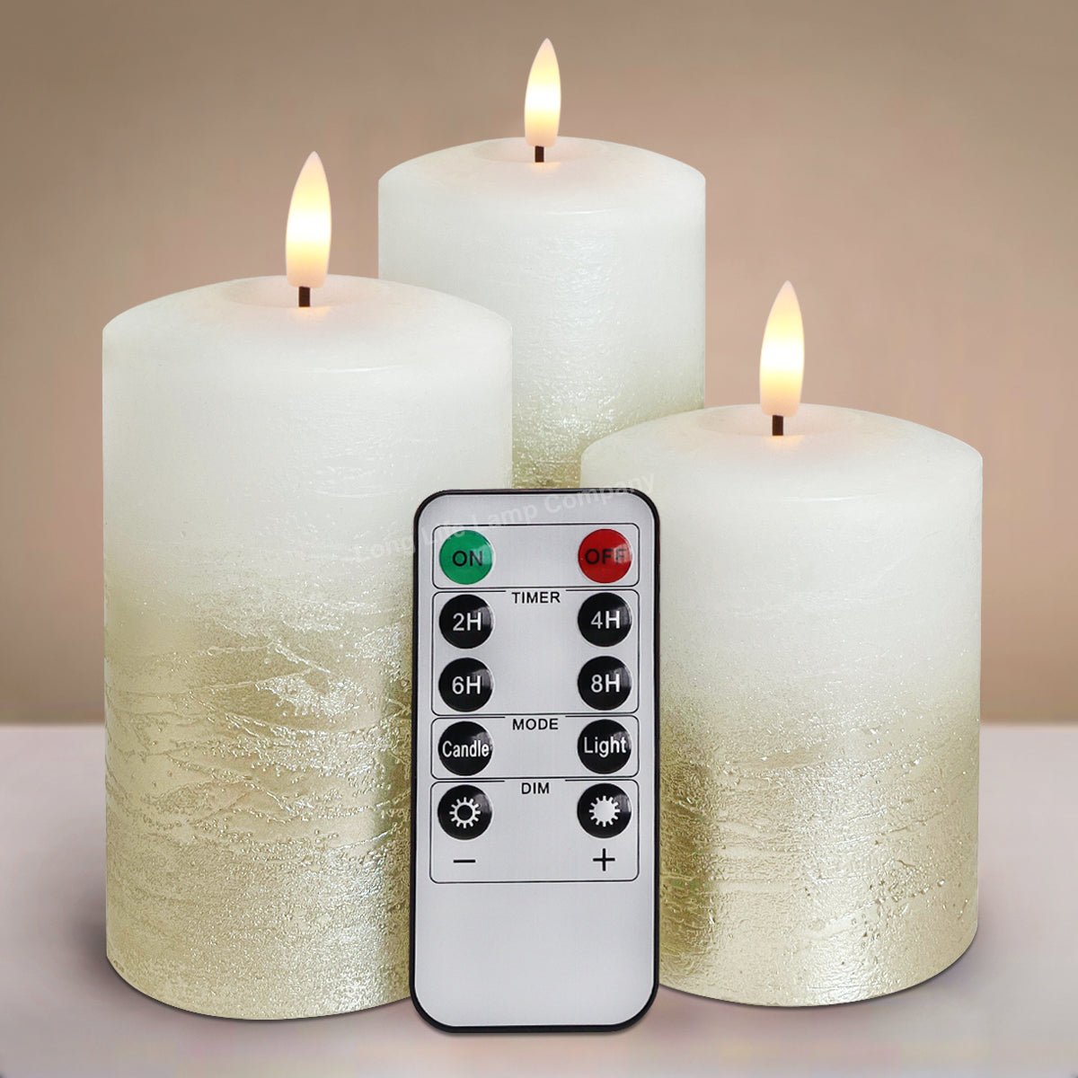 Set Of 3 USB Rechargeable LED Wax Gold Painted and White Flameless Candles With Remote Control - Energy Light Bulbs - Free delivery on all orders