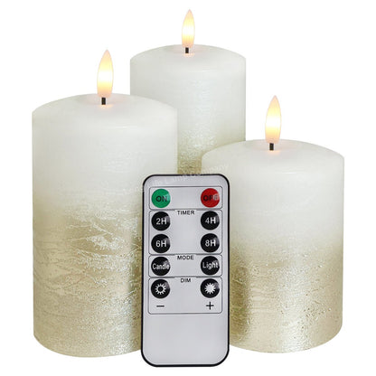 Set Of 3 USB Rechargeable LED Wax Gold Painted and White Flameless Candles With Remote Control - Energy Light Bulbs - Free delivery on all orders