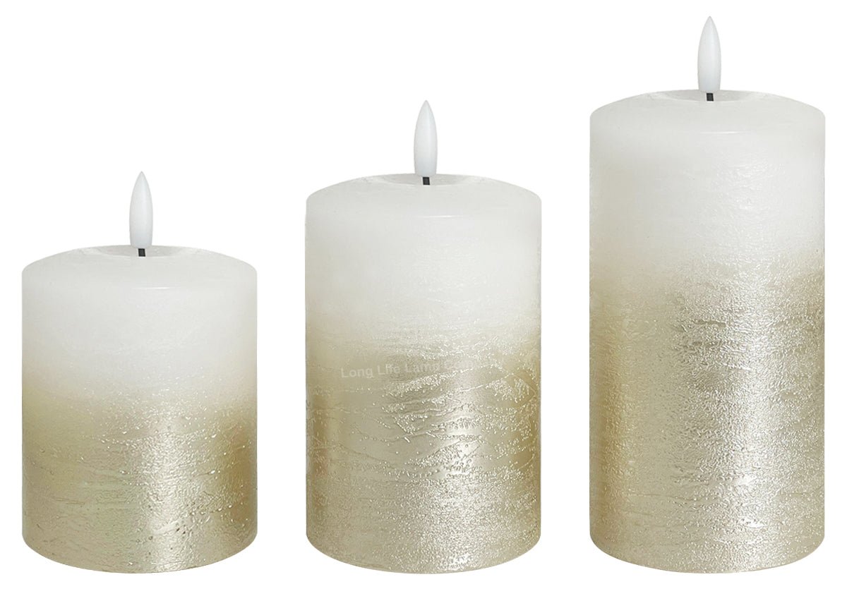 Set Of 3 USB Rechargeable LED Wax Gold Painted and White Flameless Candles With Remote Control - Energy Light Bulbs - Free delivery on all orders