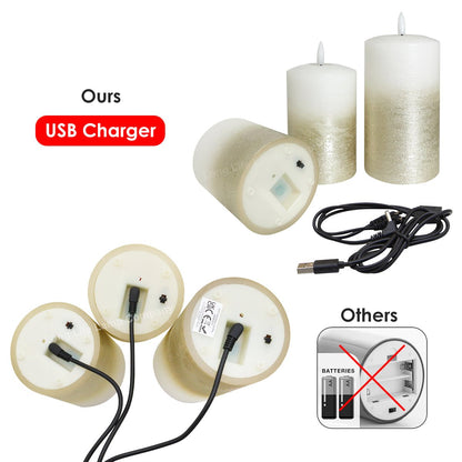 Set Of 3 USB Rechargeable LED Wax Gold Painted and White Flameless Candles With Remote Control - Energy Light Bulbs - Free delivery on all orders