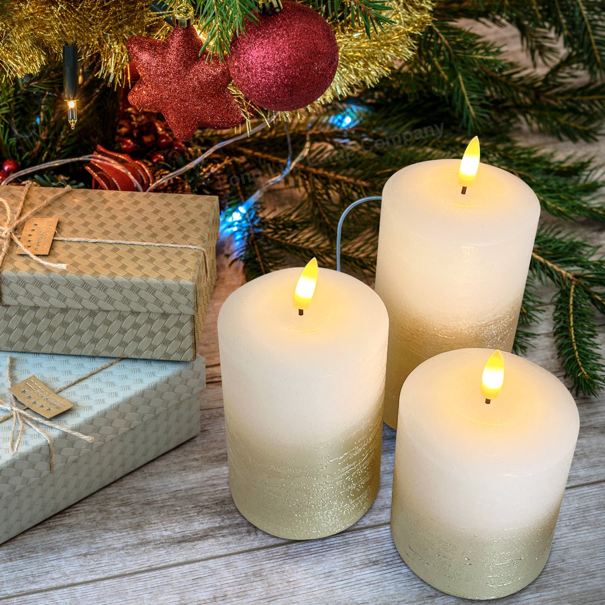 Set Of 3 USB Rechargeable LED Wax Gold Painted and White Flameless Candles With Remote Control - Energy Light Bulbs - Free delivery on all orders