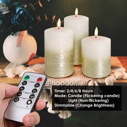 Set Of 3 USB Rechargeable LED Wax Gold Painted and White Flameless Candles With Remote Control - Energy Light Bulbs - Free delivery on all orders