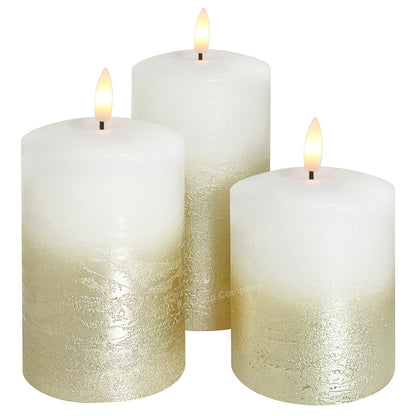 Set Of 3 USB Rechargeable LED Wax Gold Painted and White Flameless Candles With Remote Control - Energy Light Bulbs - Free delivery on all orders