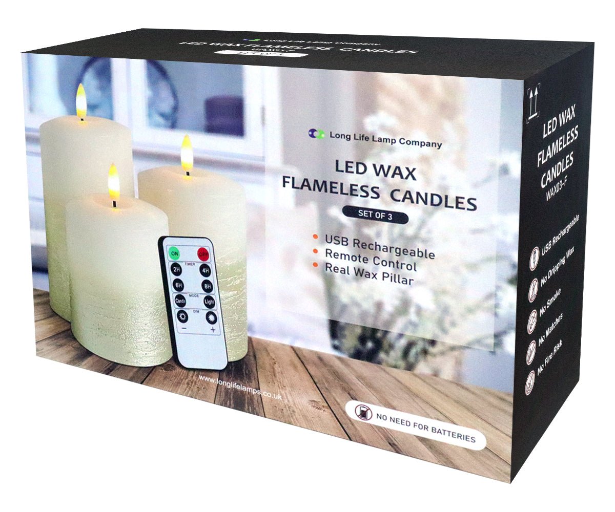 Set Of 3 USB Rechargeable LED Wax Gold Painted and White Flameless Candles With Remote Control - Energy Light Bulbs - Free delivery on all orders
