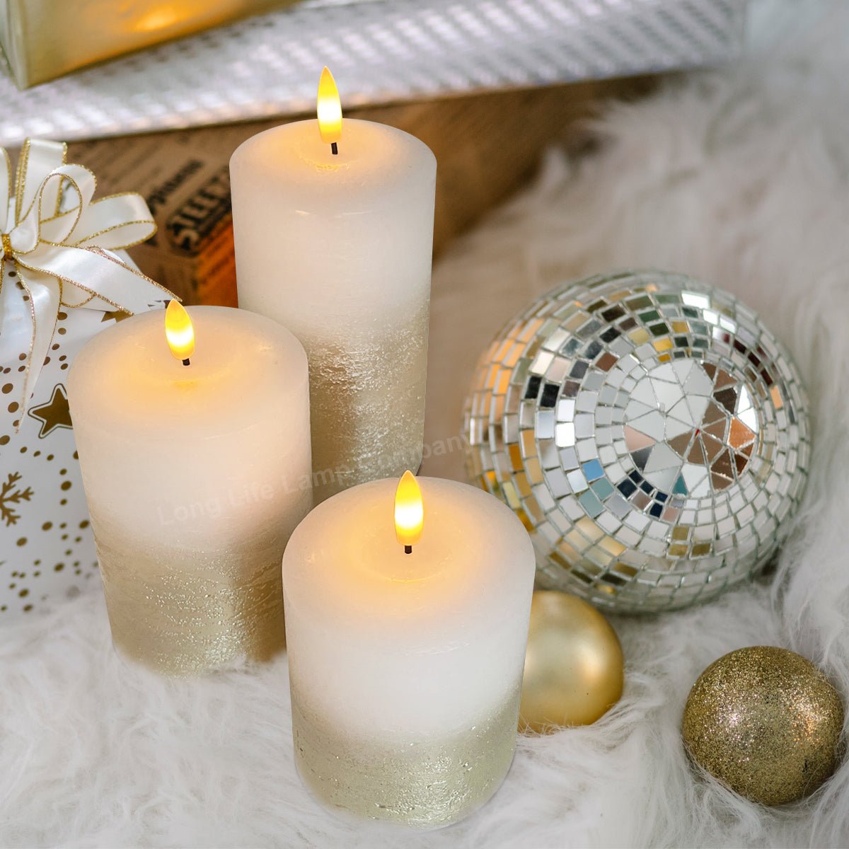 Set Of 3 USB Rechargeable LED Wax Gold Painted and White Flameless Candles With Remote Control - Energy Light Bulbs - Free delivery on all orders