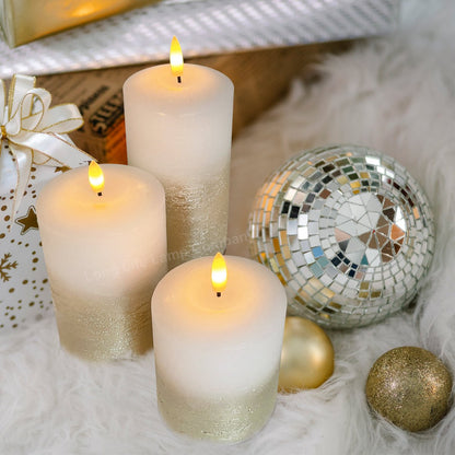 Set Of 3 USB Rechargeable LED Wax Gold Painted and White Flameless Candles With Remote Control - Energy Light Bulbs - Free delivery on all orders