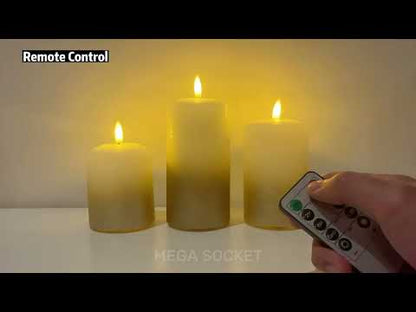 Set Of 3 USB Rechargeable LED Wax Gold Painted and White Flameless Candles With Remote Control - Energy Light Bulbs - Free delivery on all orders