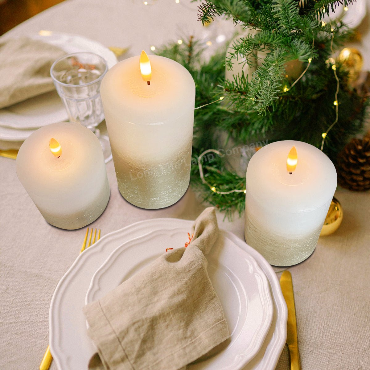 Set Of 3 USB Rechargeable LED Wax Gold Painted and White Flameless Candles With Remote Control - Energy Light Bulbs - Free delivery on all orders