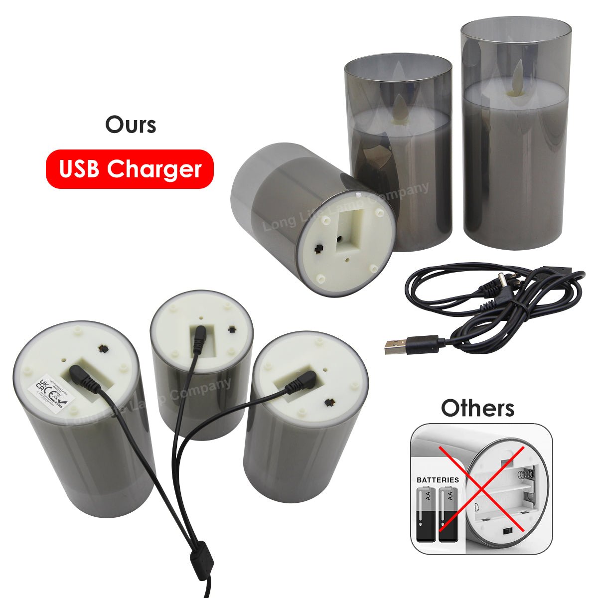 Set Of 3 USB Rechargeable LED Wax Smoked Grey Glass Flameless Candles With Remote Control - Energy Light Bulbs - Free delivery on all orders