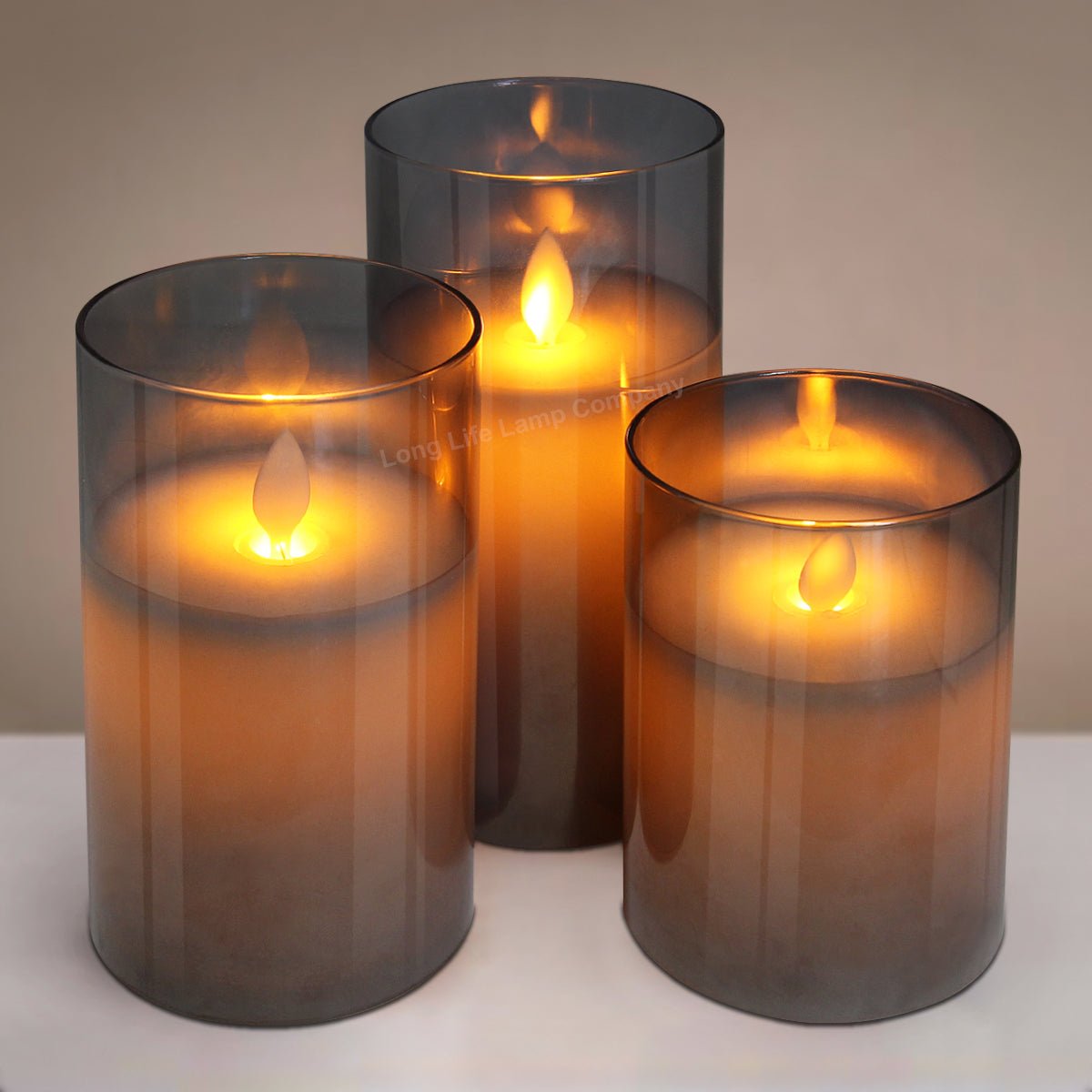 Set Of 3 USB Rechargeable LED Wax Smoked Grey Glass Flameless Candles With Remote Control - Energy Light Bulbs - Free delivery on all orders