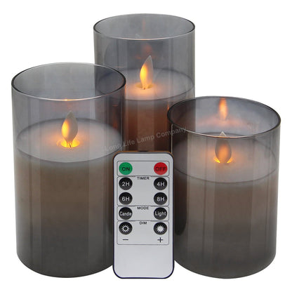 Set Of 3 USB Rechargeable LED Wax Smoked Grey Glass Flameless Candles With Remote Control - Energy Light Bulbs - Free delivery on all orders