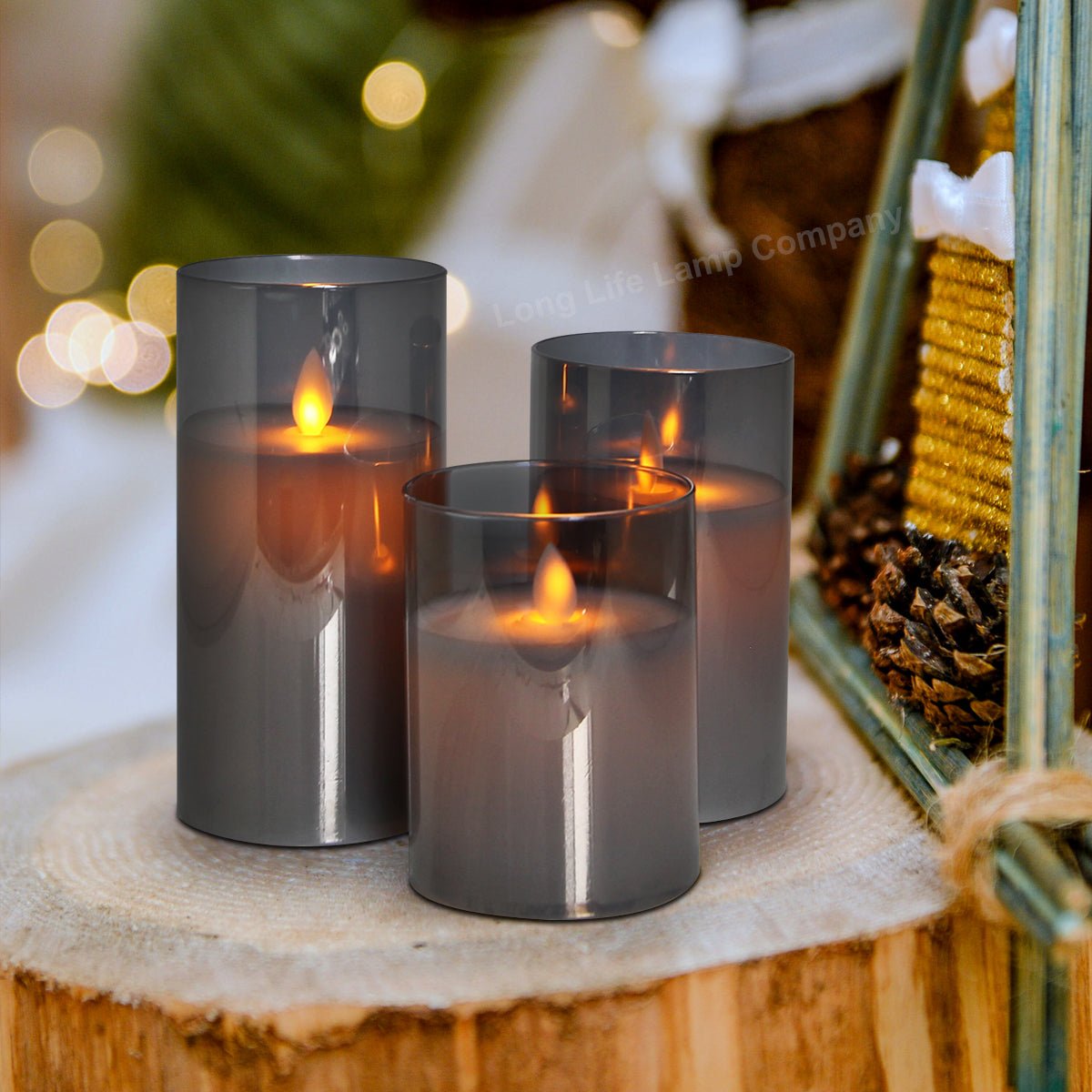 Set Of 3 USB Rechargeable LED Wax Smoked Grey Glass Flameless Candles With Remote Control - Energy Light Bulbs - Free delivery on all orders