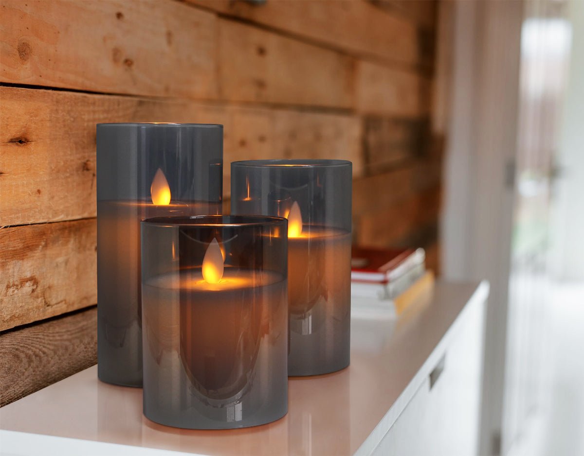 Set Of 3 USB Rechargeable LED Wax Smoked Grey Glass Flameless Candles With Remote Control - Energy Light Bulbs - Free delivery on all orders